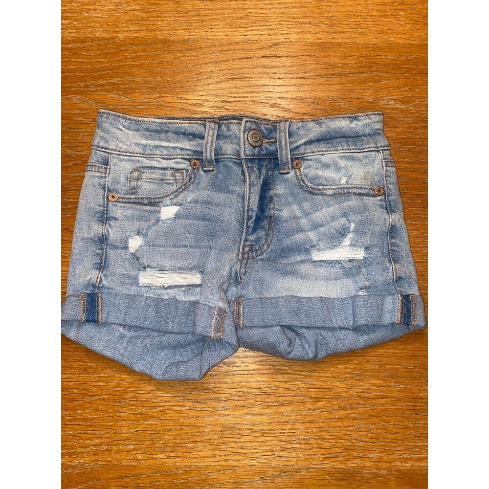 Aero Low Rise Medium Wash Distressed Denim Shorts For Women